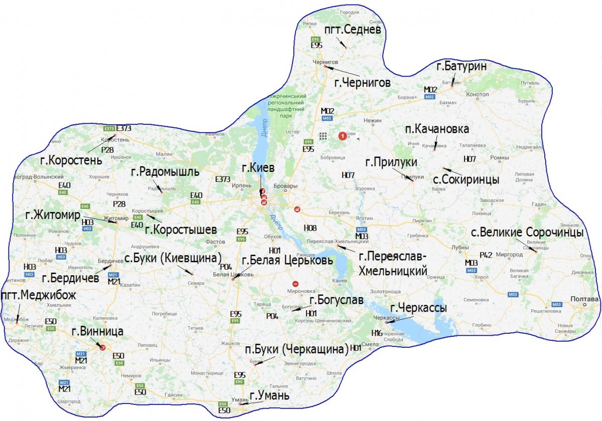 карта мест рядом с Киевом
